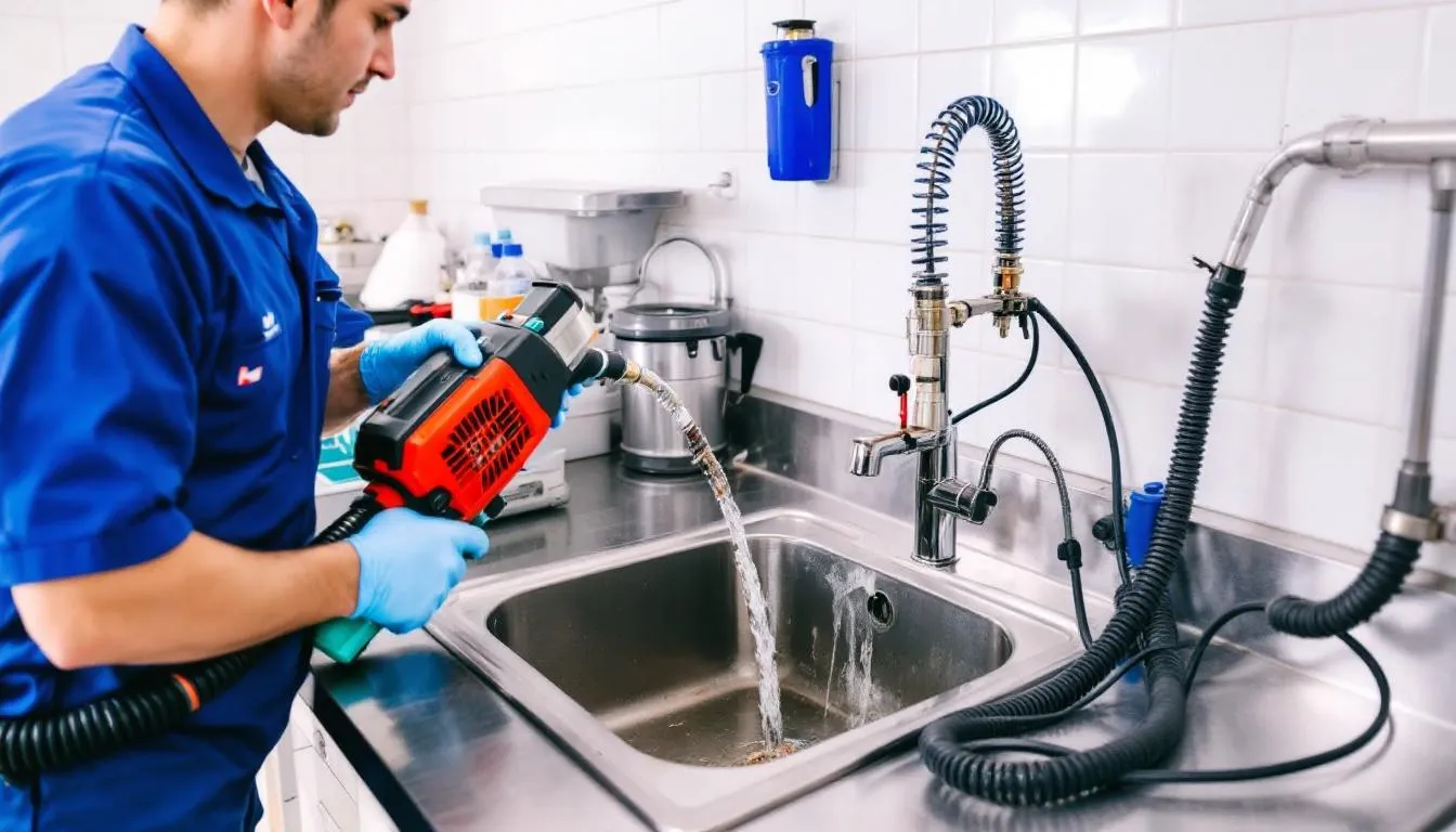 In a bustling commercial kitchen, a technician is using advanced hydro jetting equipment to clear clogged drains, effectively removing grease and debris from the pipes. The high-pressure water system ensures that the plumbing is free of blockages, promoting a smooth and efficient kitchen operation.