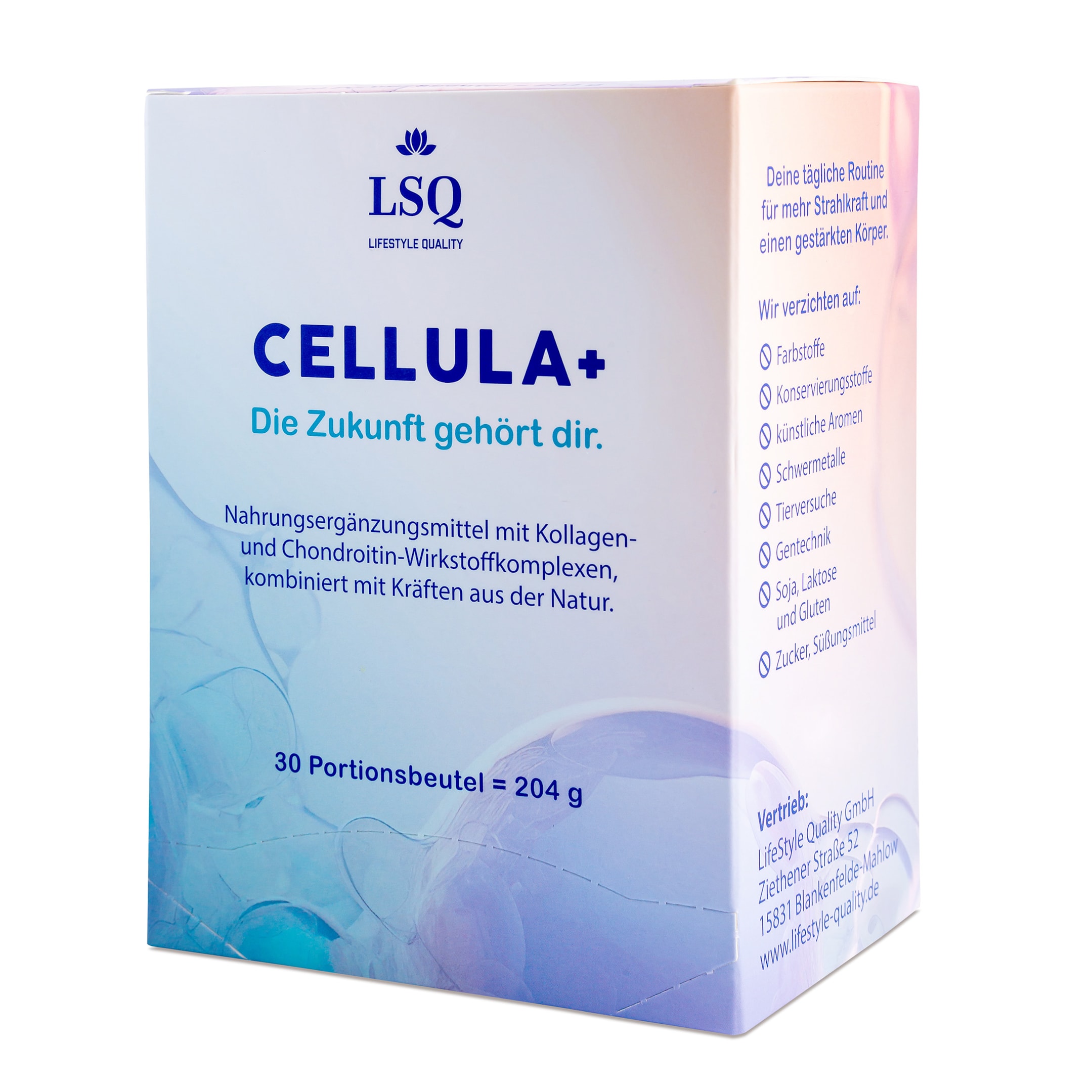 Detailansicht der CELLULA+ Verpackung – hochwertige Nährstoffkombination für Haut, Gelenke und Wohlbefinden