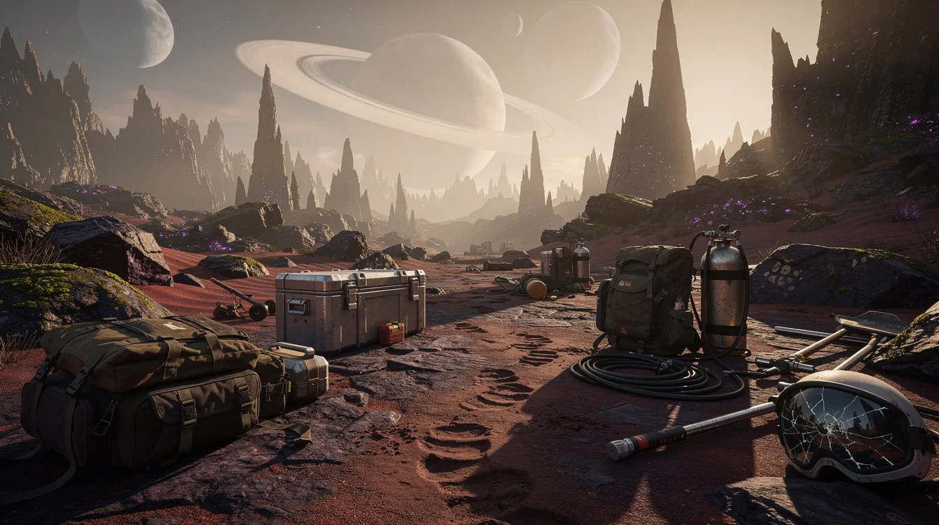 The image depicts scattered survival gear and equipment on an uncharted alien terrain, showcasing various items like metal coins and wooden skill tokens, indicative of a strategy game or adventure game setting. This scene evokes a sense of exploration and challenge, perfect for players engaging in cooperative play or solo mode as they navigate the vast distances of this alien world.