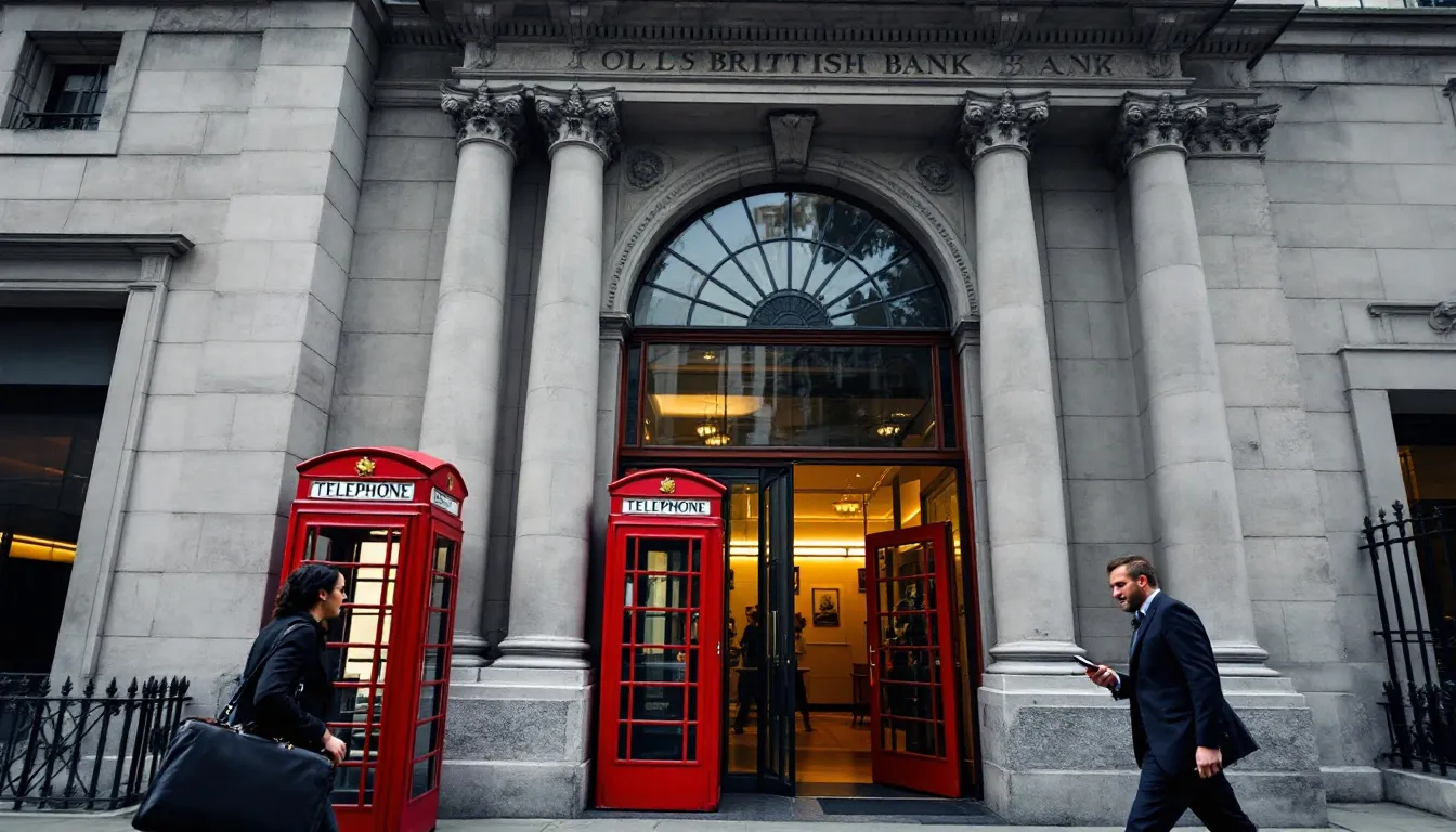 The image depicts a UK bank building, characterized by its modern architecture and prominent signage. Inside, customers are discussing their mortgage deals, focusing on aspects like first mortgage payments and completion dates with mortgage advisers.