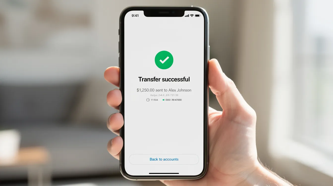 A smartphone screen shows a mobile banking app with a confirmation message for a successful international money transfer. The interface highlights details such as the transaction amount and the recipient's bank, ensuring users can easily navigate their IDBI Bank account for secure online banking services.