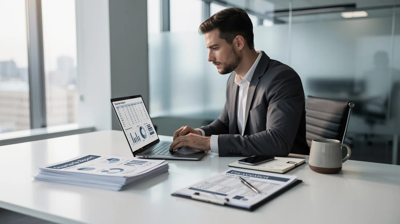 A professional is seated at a modern desk, focused on preparing financial reports on a laptop, which may include details about eligible borrowers for mudra loans and interest rates for micro enterprises. The workspace is organized, reflecting a commitment to finance and business management.