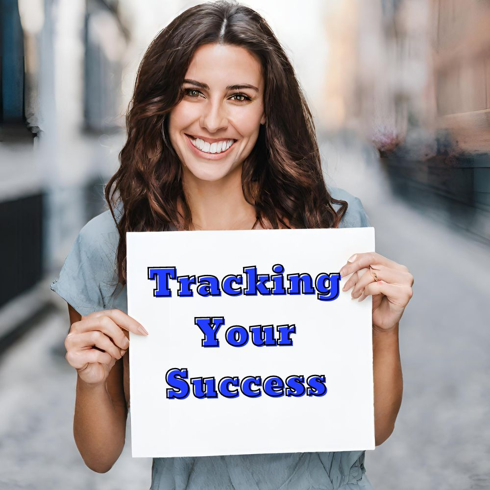 A person smiling while holding a sign with the words "Tracking Your Success"