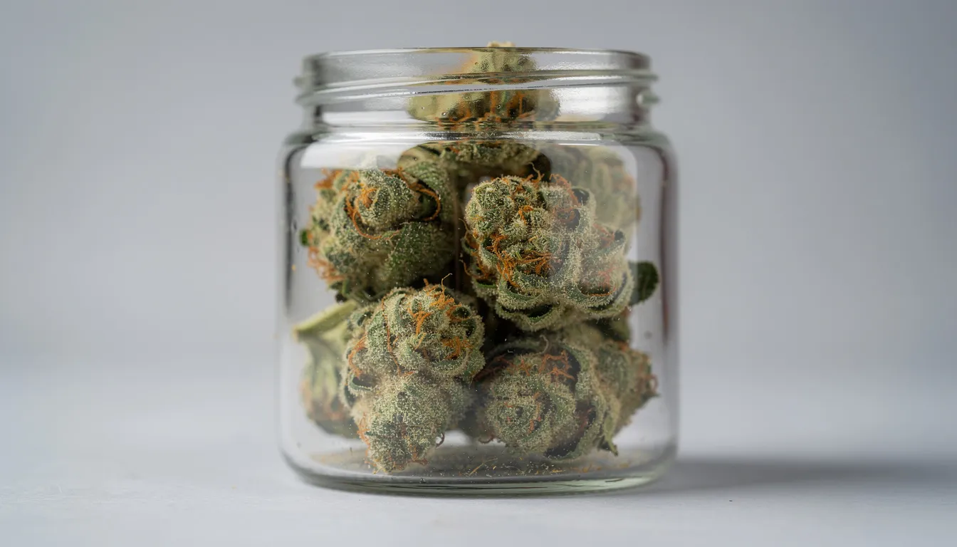 Die Nahaufnahme zeigt medizinische Cannabisblüten in einem Glasgefäß, die auf einem neutralen Hintergrund präsentiert werden. Diese hochwertigen Blüten, die Teil verschiedener Cannabissorten sind, werden häufig für die Behandlung von Erkrankungen wie Multiple Sklerose und zur Linderung von Schmerzen eingesetzt.