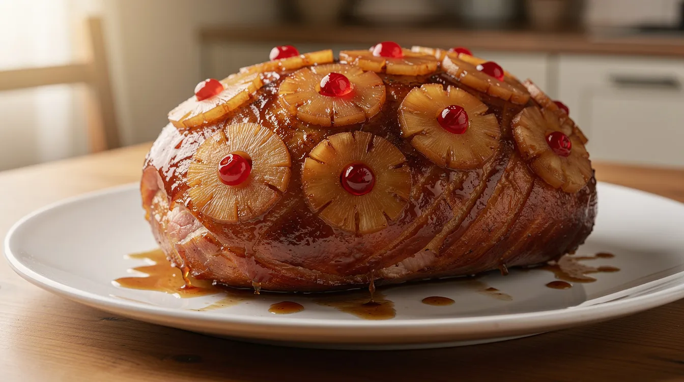 A golden brown glazed ham adorned with pineapple rings and cherries sits on a white serving platter, making it a perfect centerpiece for an Easter dinner. This delicious dish is ideal for holiday gatherings and pairs beautifully with fresh herbs and spring vegetables.