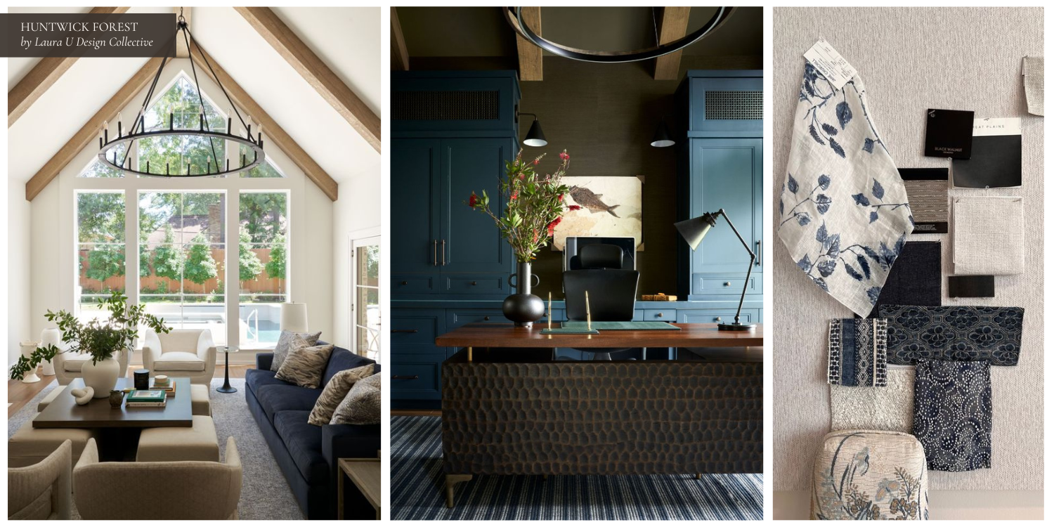 a transitional living room with navy couch, navy and walnut and brass study, and a blue and white mood board