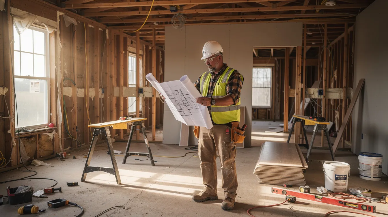 A construction worker is examining renovation plans inside a partially renovated house, surrounded by tools and building materials. This scene highlights the importance of secure funding options, such as bridging loans, for property developers involved in property transactions and renovations.