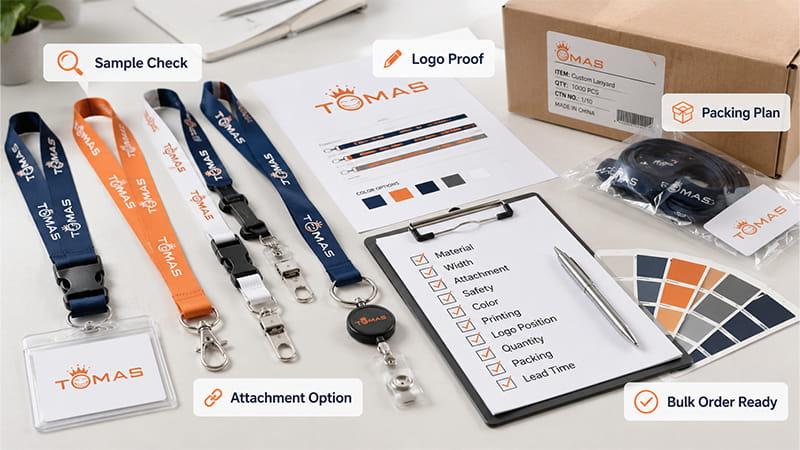 Custom lanyard bulk order checklist with sample check, logo proof, attachment options, packing plan, and lead time review.