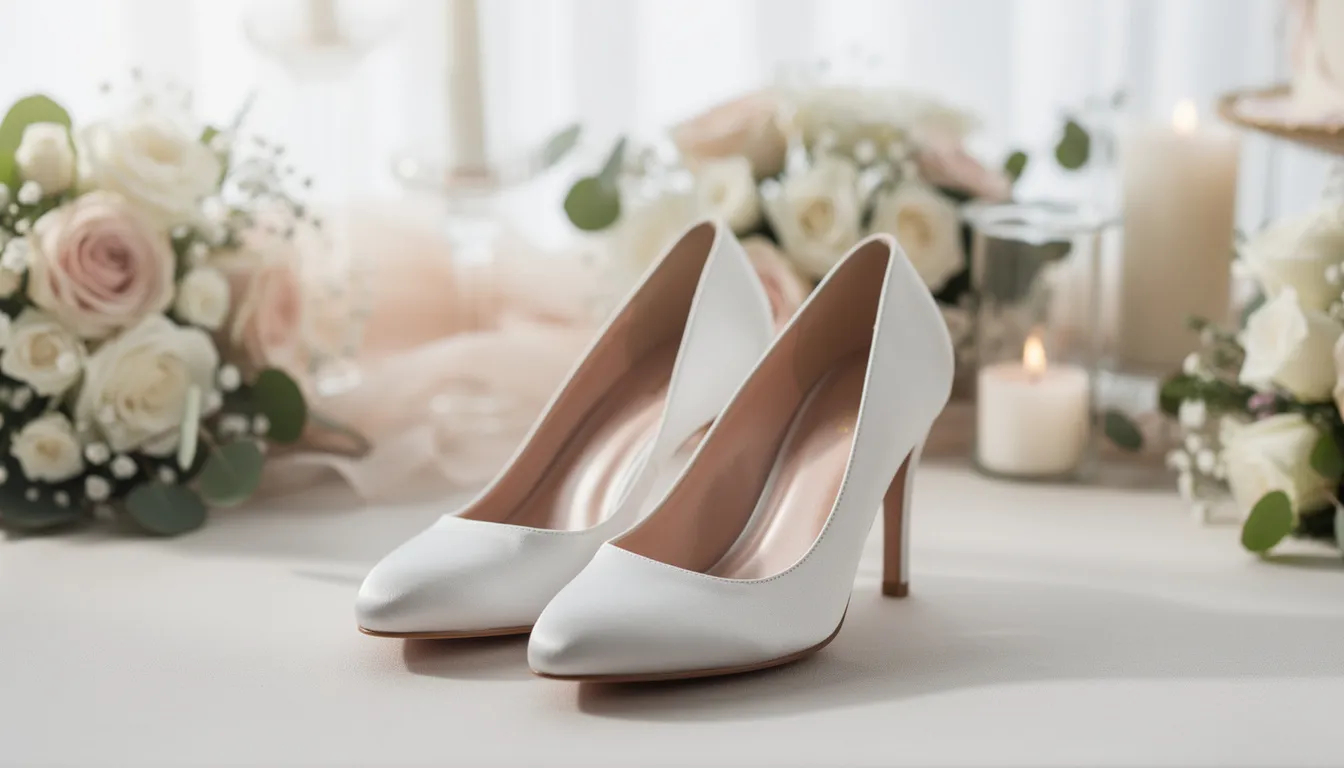 Buty ślubne taneczne – jak wybrać wygodne obuwie na całą noc tańca? 14 Na zdjęciu znajdują się eleganckie białe czółenka ślubne, pięknie wyeksponowane na tle kolorowych kwiatów i dekoracji weselnych. Te stylowe buty taneczne zapewnią wygodę i komfort, idealnie dopasowując się do stóp każdej panny młodej w wyjątkowym dniu.