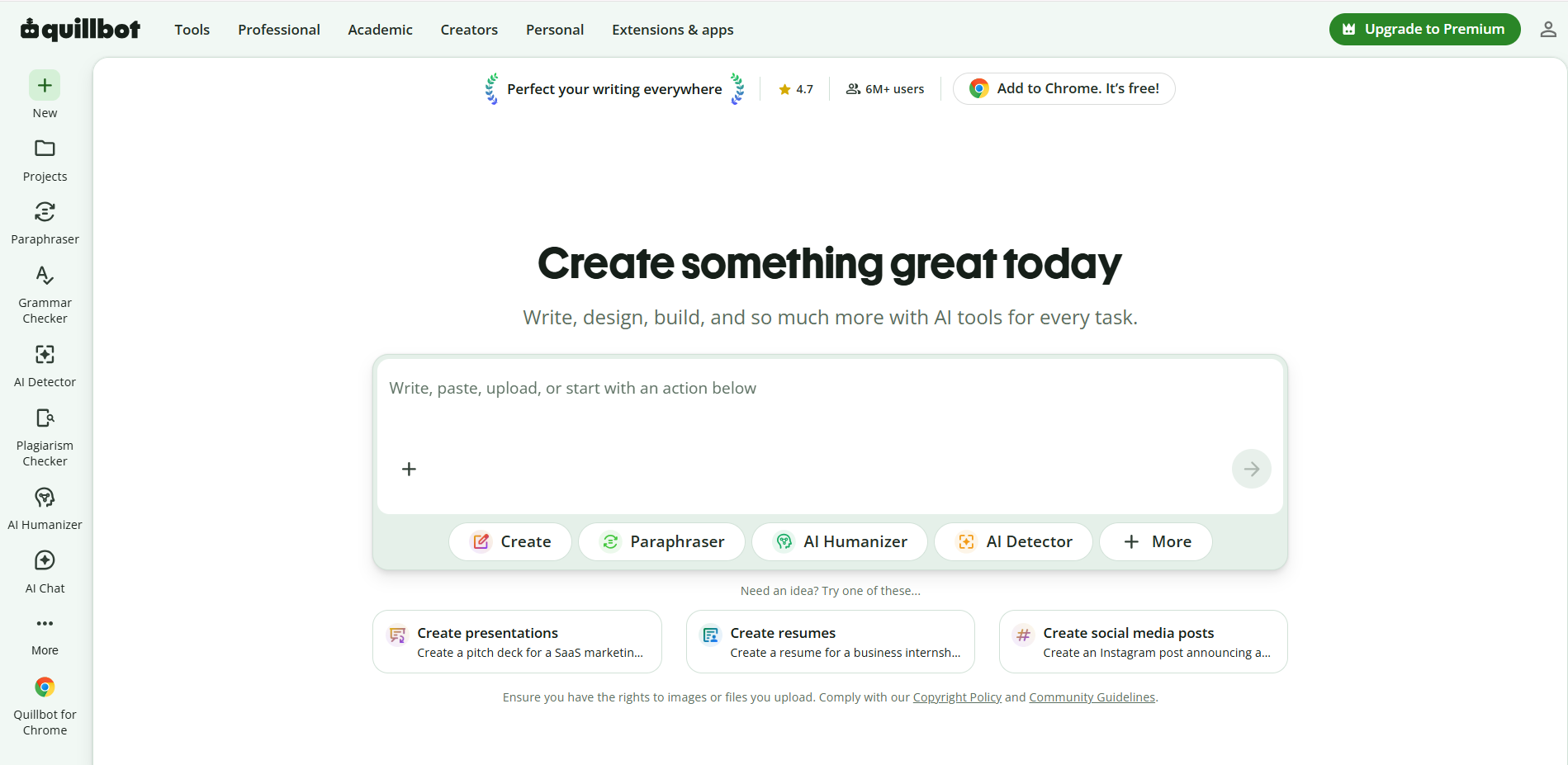 QuillBot AI writing platform featuring paraphrasing, grammar checking, AI humanizer, plagiarism detection, and content creation tools for writers and students.