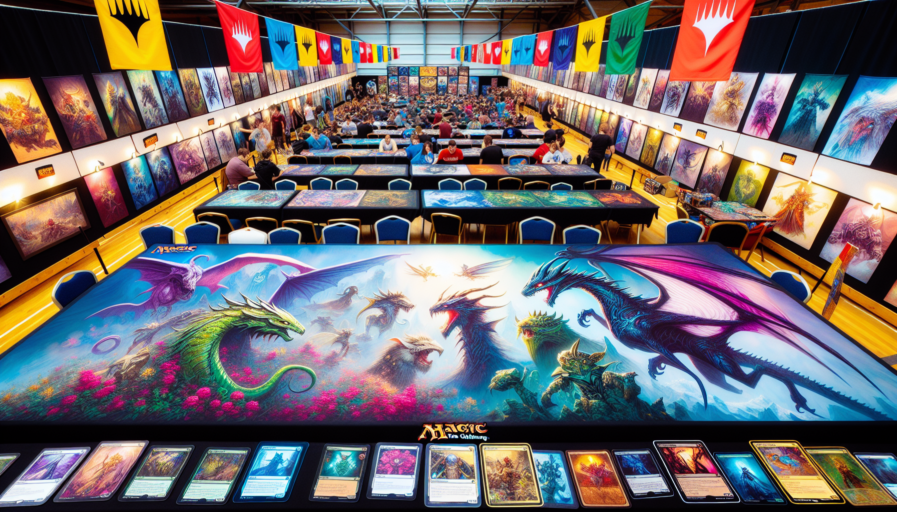 Limited edition MTG playmats showcased at an event.