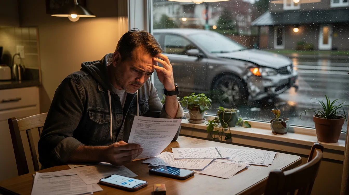 A stressed driver sits at a table surrounded by insurance paperwork and medical bills after a car accident, with a damaged vehicle visible through the apartment window on a rainy Seattle street. The scene captures the emotional distress and financial pressure of navigating personal injury claims and insurance company tactics in the aftermath of the incident.