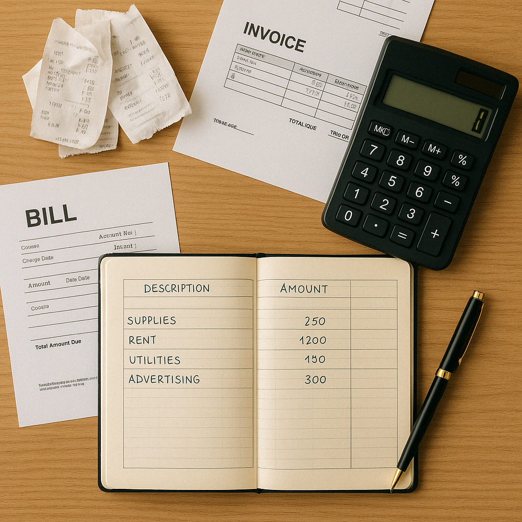 Overhead view of receipts, invoice, calculator, and expense ledger—tracking cost of goods sold, revenue, sales, services; calculate gross profit, net profit.