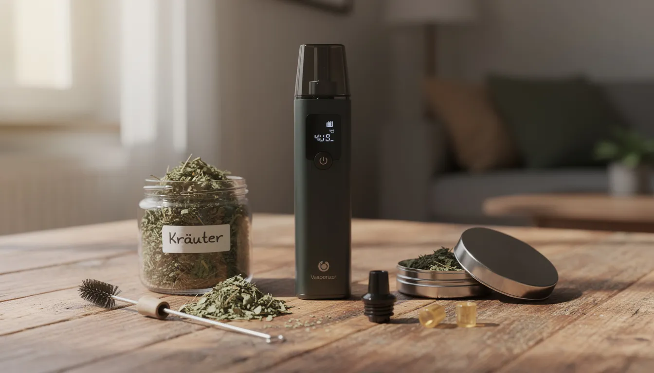 Auf einem Holztisch liegt ein tragbarer Vaporizer, der Mighty von Storz & Bickel, umgeben von trockenen Kräutern und Zubehör. Der Vaporizer hat ein modernes Design mit einem LED-Display und gehört zu den besten Geräten auf dem Markt für die Nutzung von Kräutern.