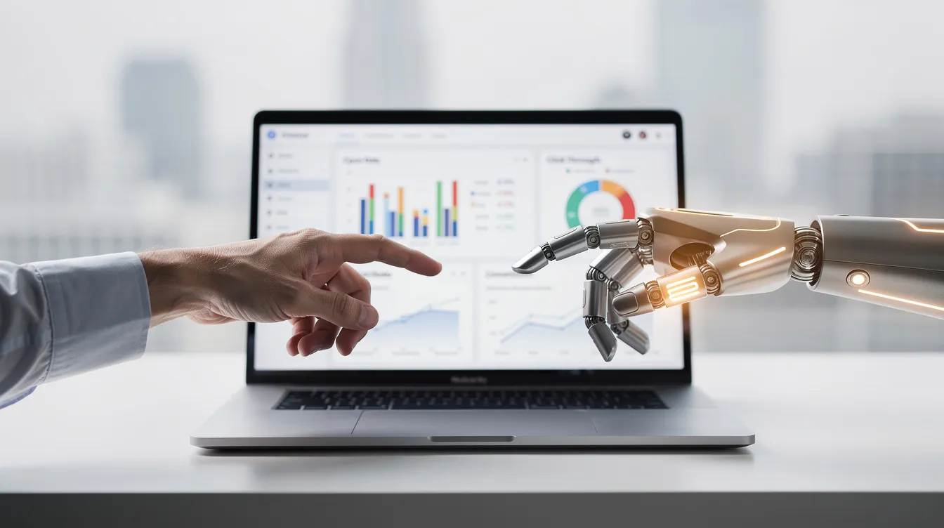 The image shows a human hand and a robotic hand reaching towards a laptop screen that displays email analytics, highlighting key metrics related to an email marketing campaign. This visual represents the intersection of human creativity and digital marketing tools in optimizing customer engagement and driving sales.
