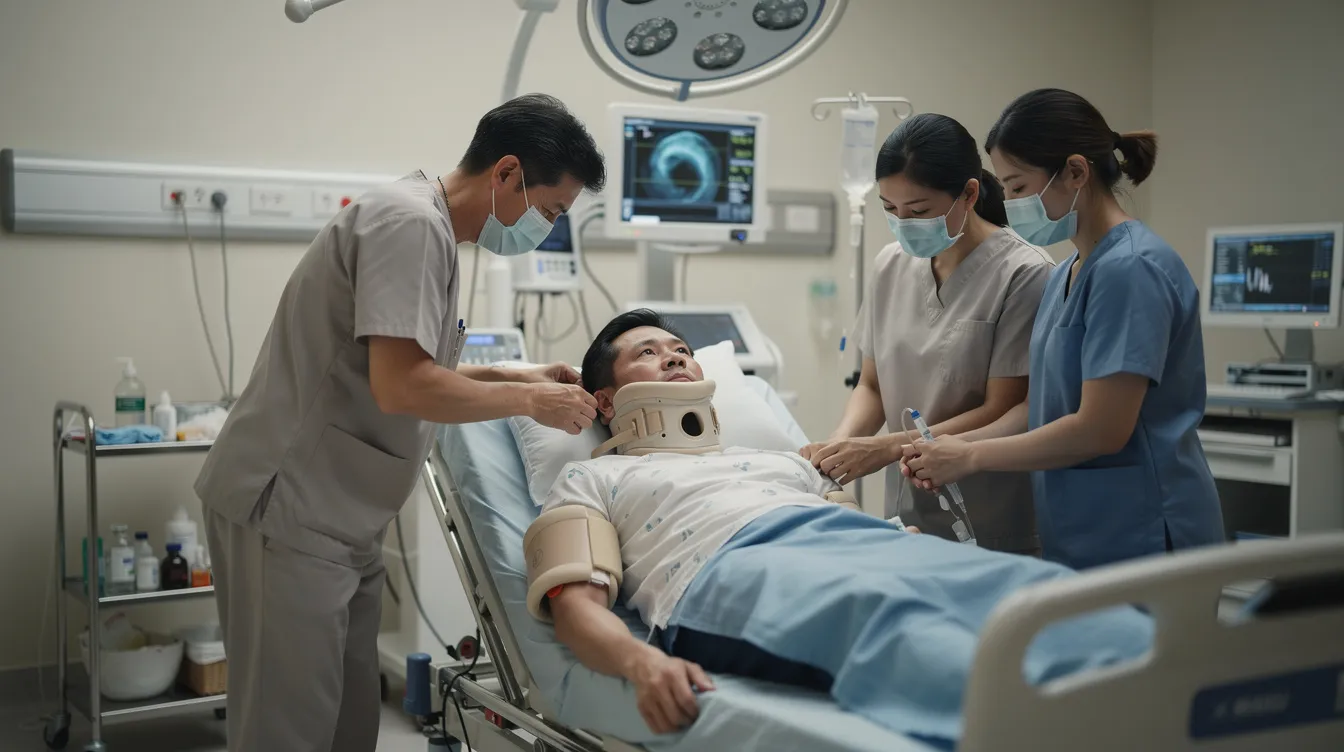 A car accident victim is lying on a hospital bed in a realistic emergency room scene, wearing a neck brace and arm support while being assisted by medical professionals in neutral scrubs. The calm atmosphere is enhanced by soft lighting, showcasing a clinical environment with blurred background equipment, reflecting the serious nature of personal injury cases related to car accidents.