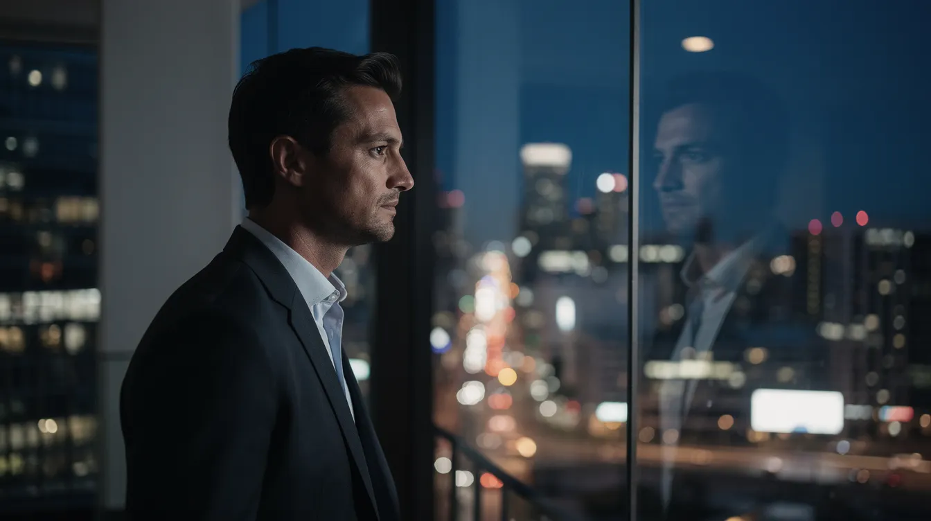 A professional man stands by a window, gazing out at the vibrant city lights of New York at night, his contemplative expression reflecting a moment of introspection. This scene captures the essence of personal growth and emotional resilience, often explored in group therapy sessions where individuals share their experiences and support one another in a safe environment.