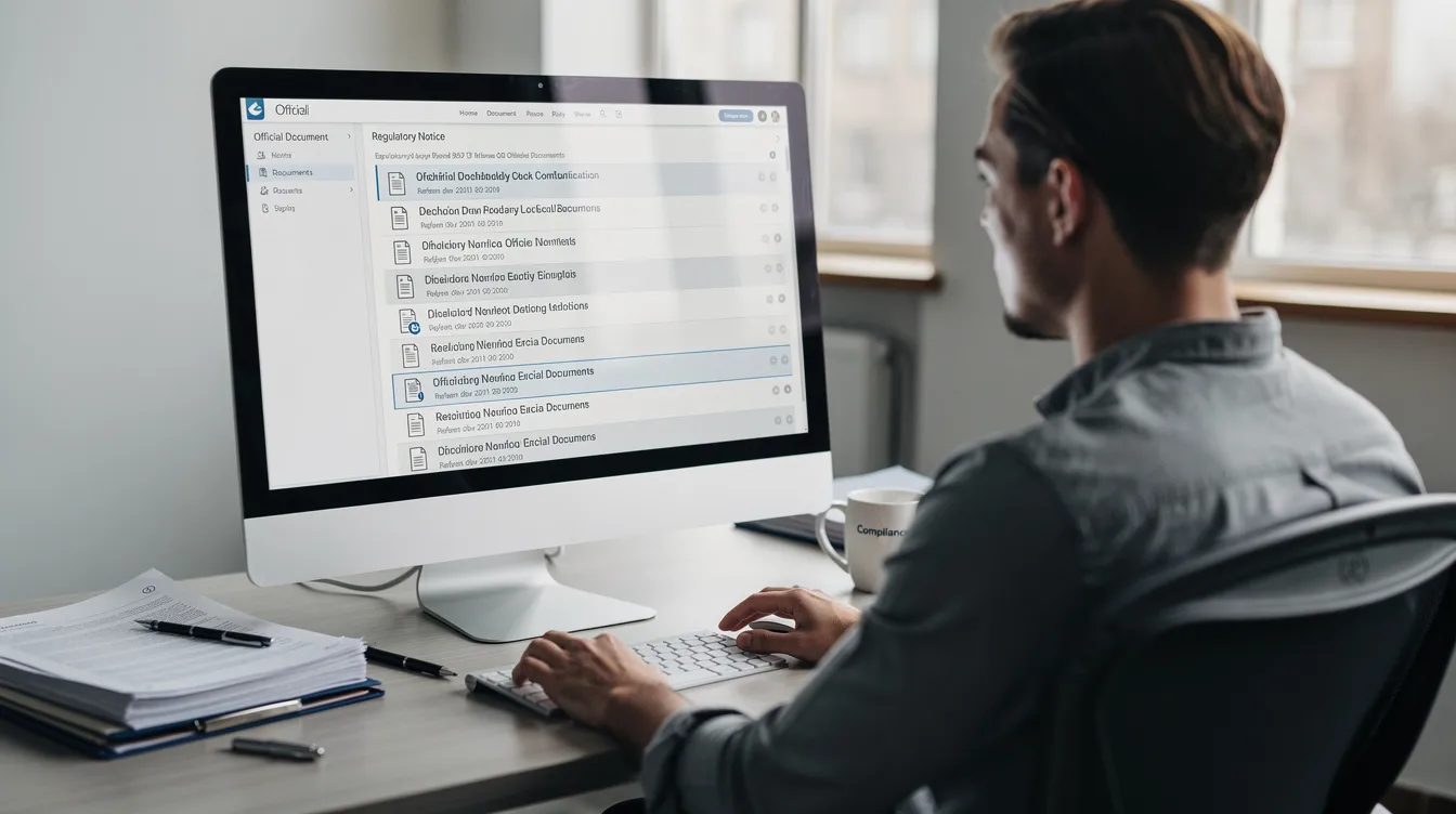 A person is intently looking at a computer screen displaying a comprehensive list of official documents and regulatory notices related to immigration and citizenship. This image highlights the importance of regulated Canadian immigration consultants in providing accurate immigration advice and maintaining ethical standards in the profession.
