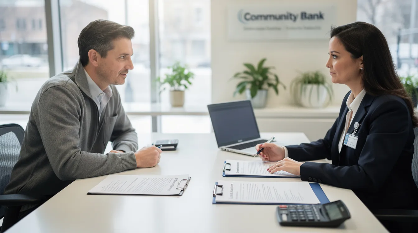 4c22575a eb21 49d5 af68 a4aa30d4cd7d The image shows a small business owner engaged in a discussion with a bank officer at a desk, with loan documents laid out between them, indicating a process for loan approval. This interaction highlights the importance of having a satisfactory credit track record and possibly a loan guarantor for financial assistance through schemes like mudra loans.