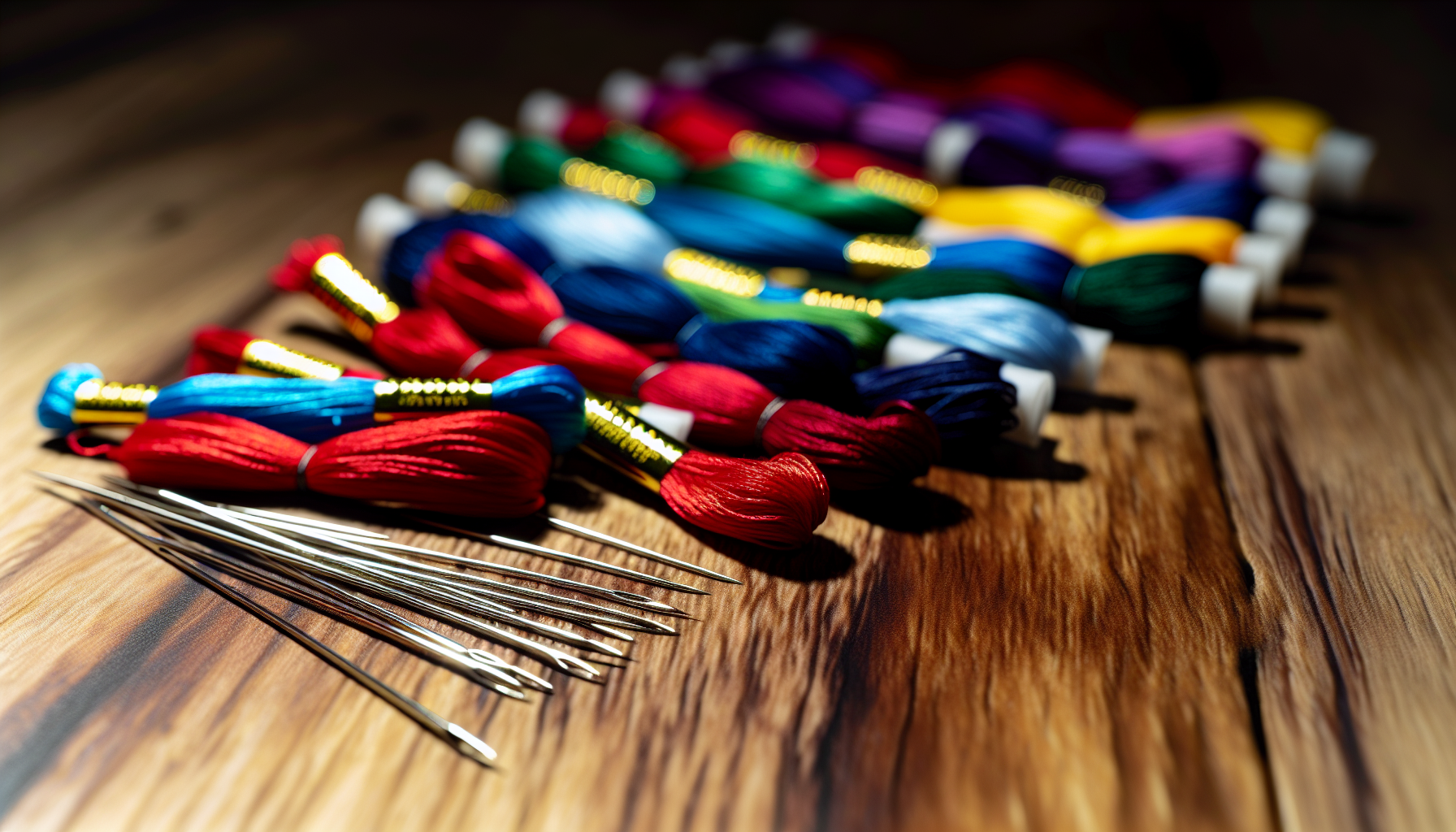Various embroidery threads and needles on a wooden table