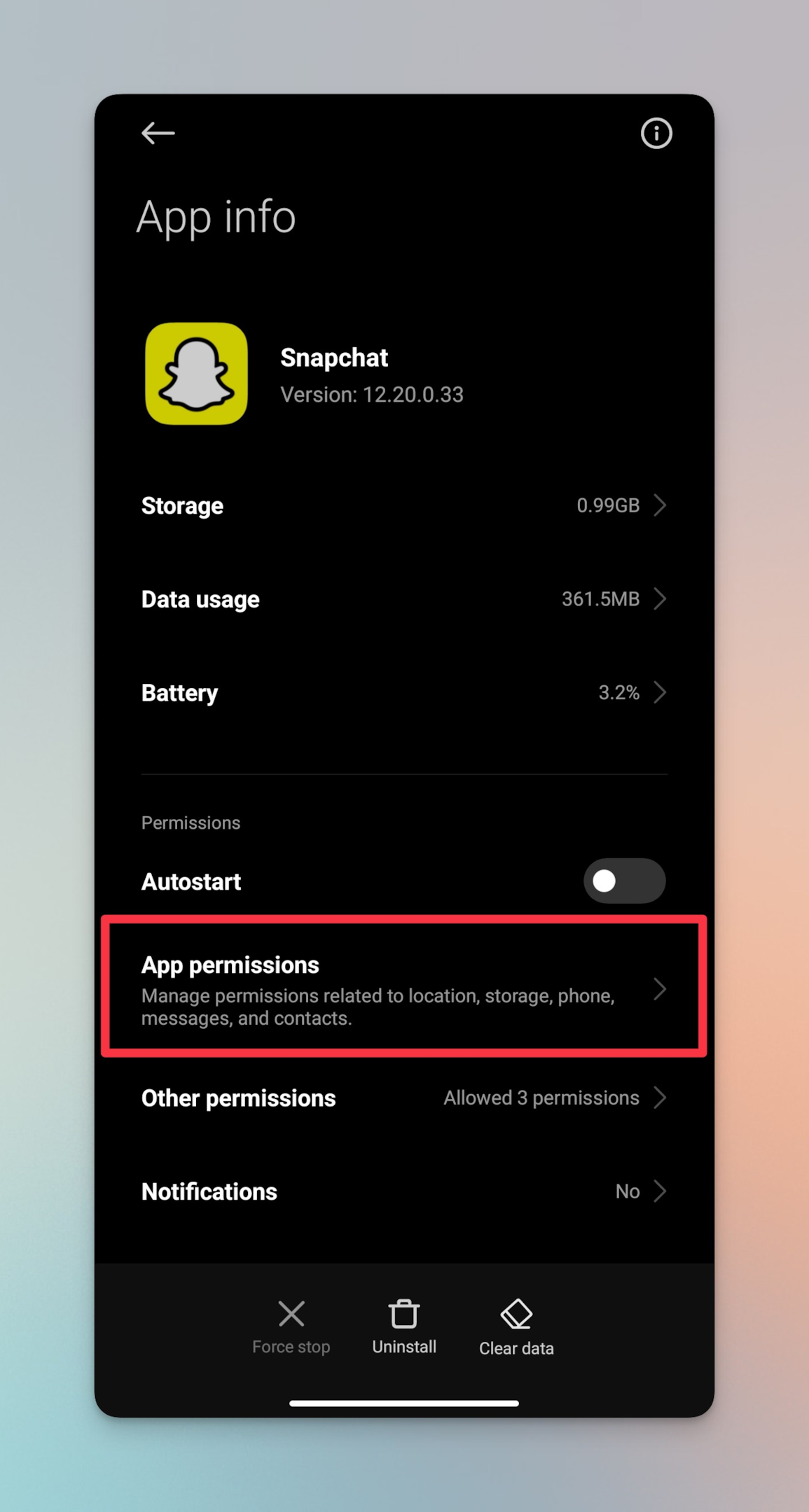 Remote.tools highlights App permision settings for Snapchat. You can configure snapchat privacy settings here.