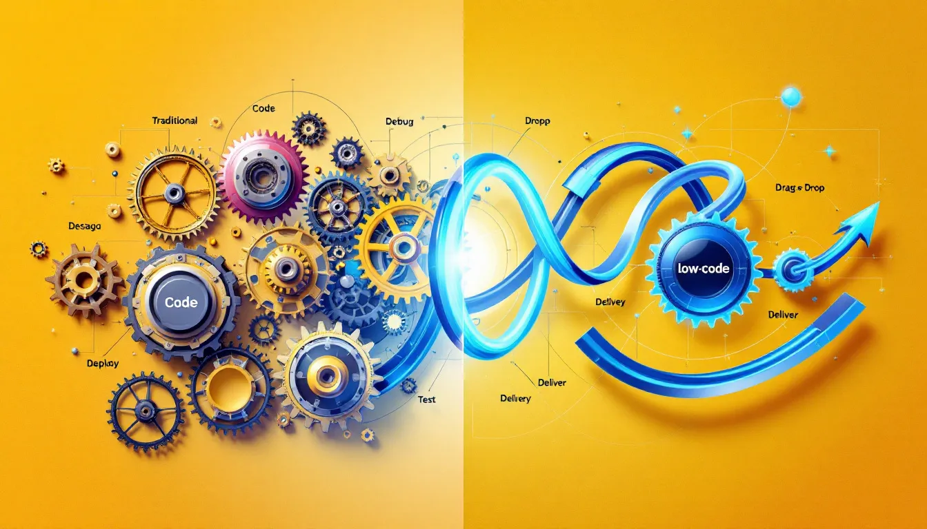 app development, low code development platforms A diagram illustrating the comparison of development processes, write code line, right low code platform, drag and drop functionality, many low code platforms, code app development, chosen low code platform