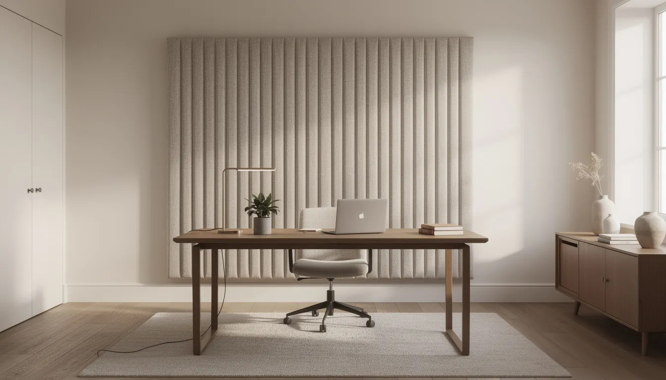 Een stijlvolle home office met een groot, gestoffeerd akoestisch paneel achter het bureau, dat zorgt voor een warme uitstraling en een comfortabele omgeving door geluidsgolven te absorberen. De strakke afwerking en de natuurlijke materialen dragen bij aan de esthetische waarde van deze moderne werkruimte.