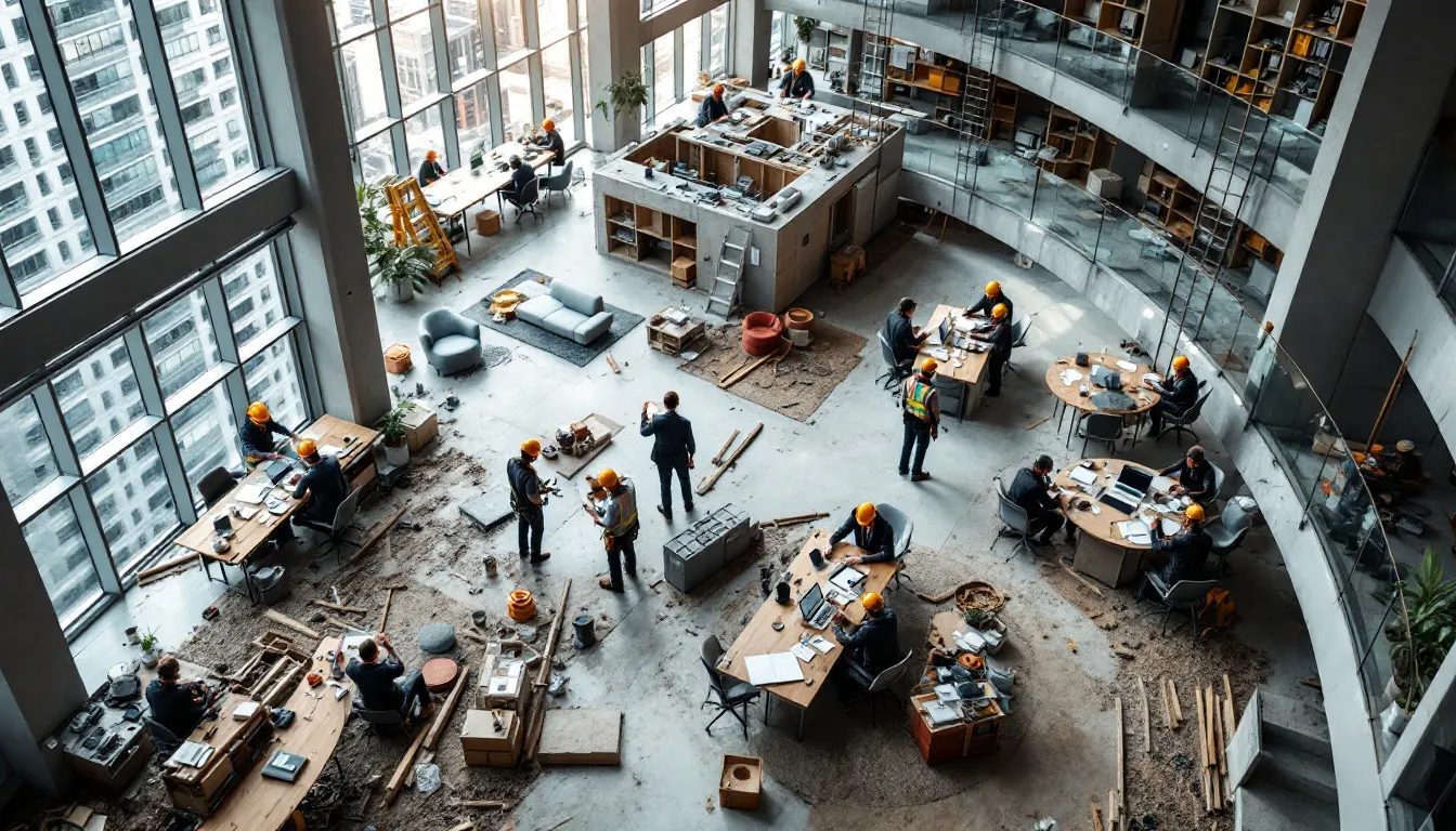 An overview of subcontractors working on a construction site.