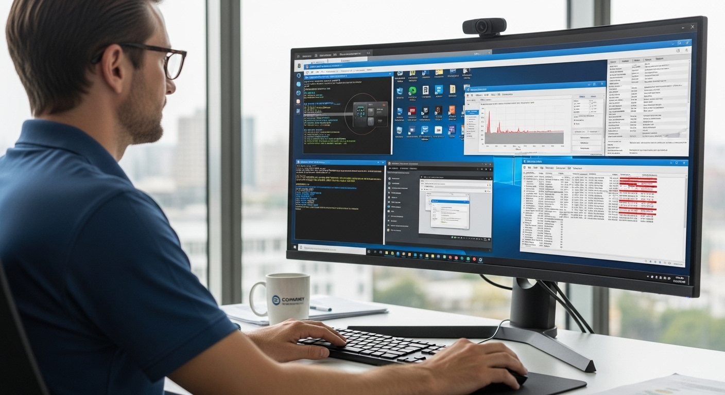 IT administrator remotely troubleshooting a user’s computer with system controls and diagnostics visible on screen.