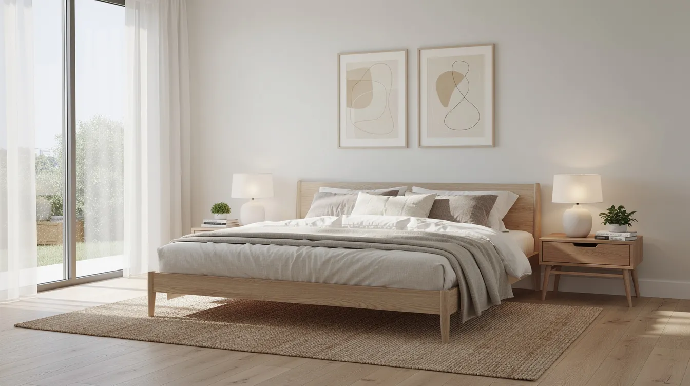 The image depicts a light-coloured modern bedroom featuring natural timber furniture and neutral bedding, showcasing a stylish atmosphere. The design emphasizes the importance of storage beds with built-in drawers, offering extra storage space to maximize valuable floor space in small rooms.