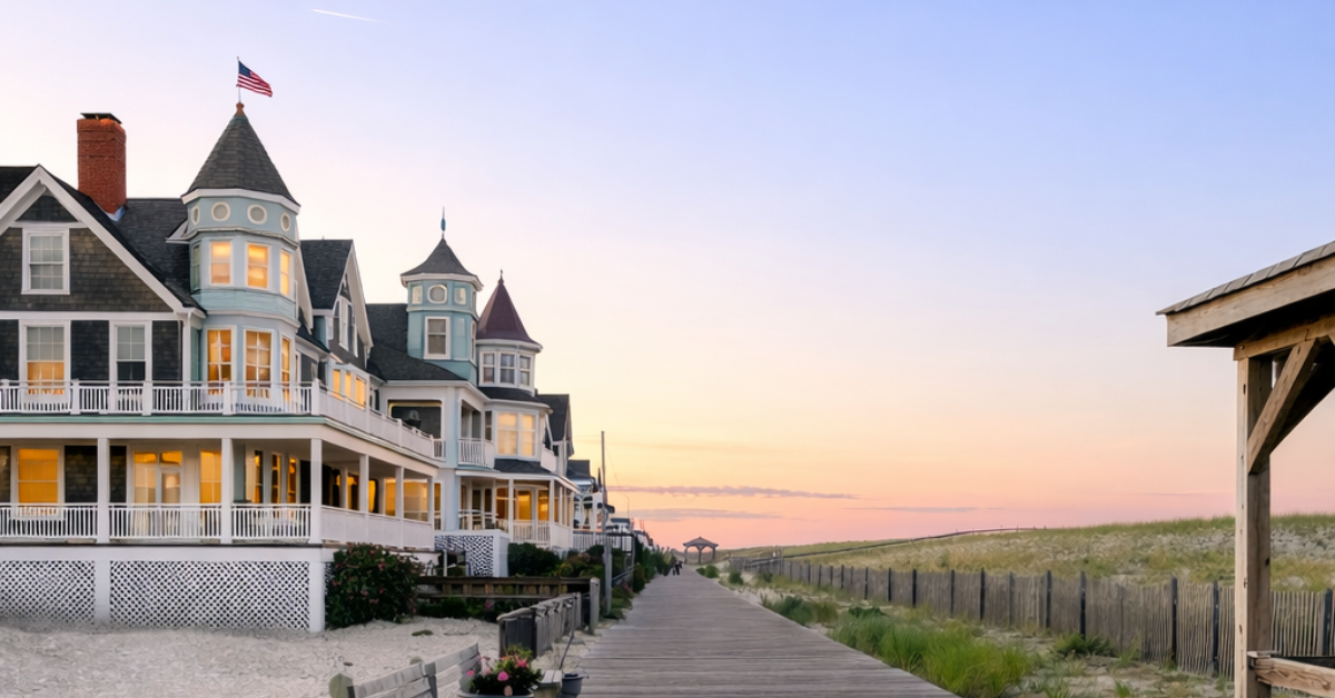 Wooden beach boardwalk lined with Nantucket and Victorian-style beach houses at sunset in Lavallette NJ