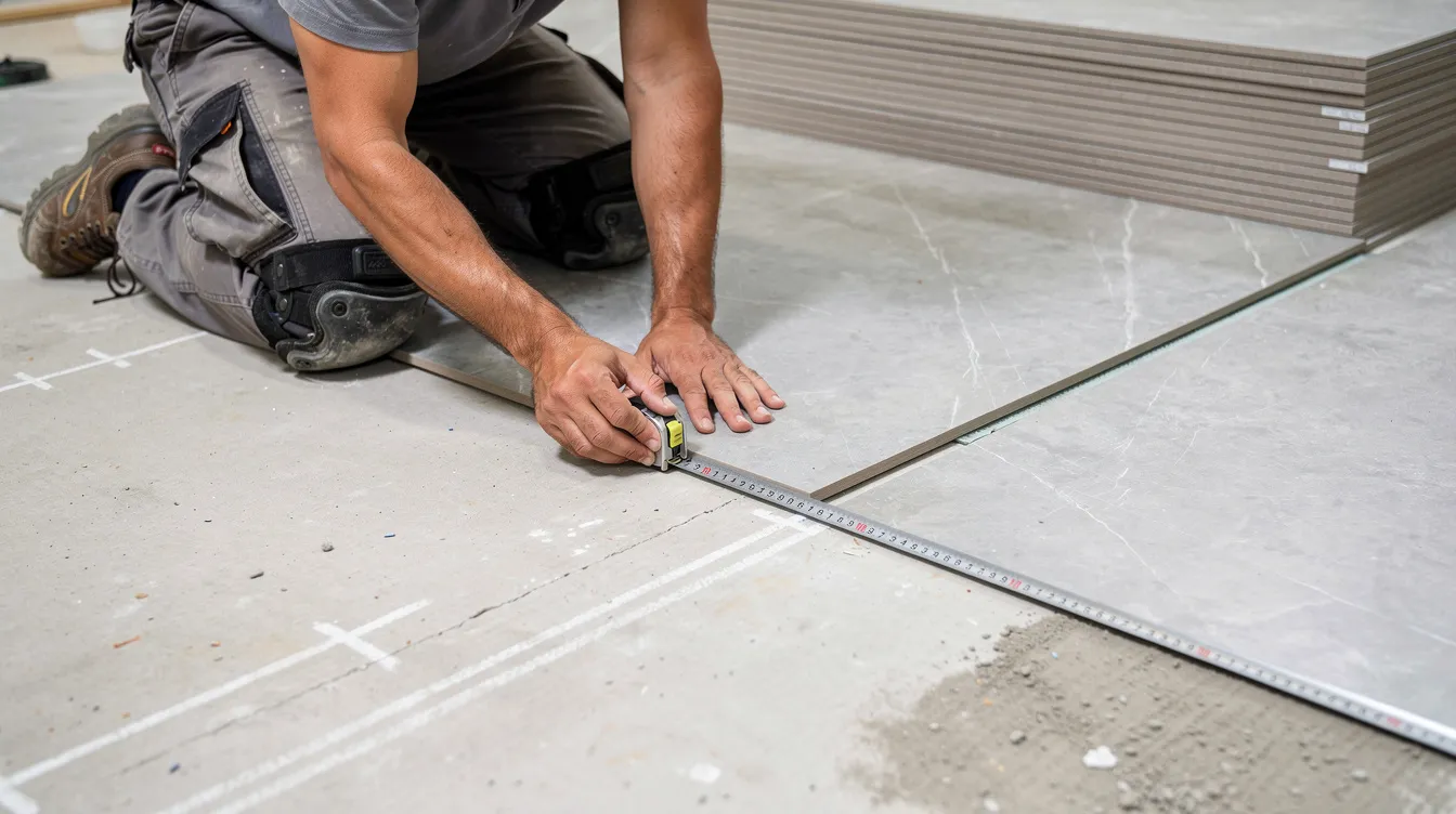 A tile installer is measuring a large piece of beige porcelain tile on a prepared subfloor, preparing for installation in a high traffic area. This durable flooring material is an excellent choice for modern homes, offering both beauty and practicality for spaces like kitchens and bathrooms.