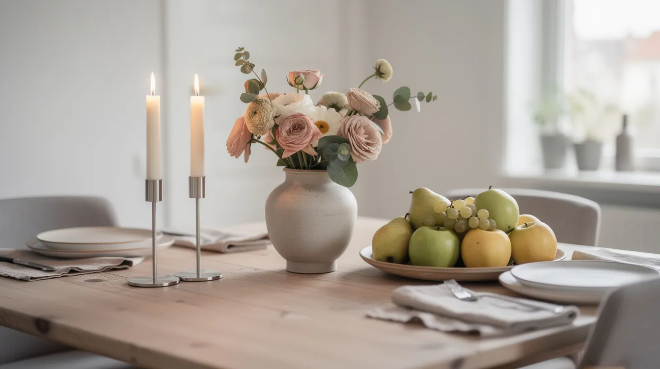 Ett vackert dekorerat matbord med en låg vas, eleganta ljusstakar och en fruktskål i harmoniska färger, vilket skapar en inbjudande atmosfär i hemmet. Det runda bordet är perfekt för att inspirera till gemensamma måltider och sociala stunder.
