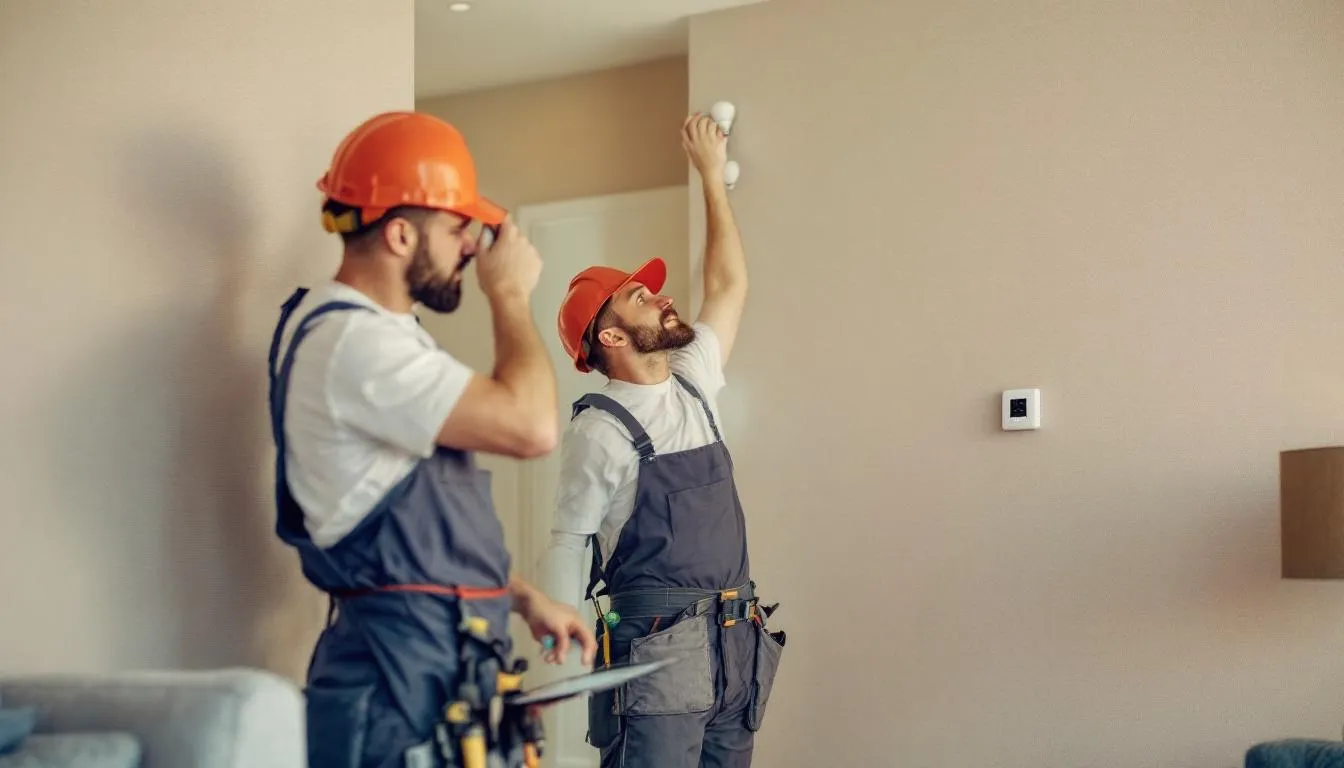 The image depicts a hotel operations team actively installing energy-efficient lighting and technologies in guest rooms, aimed at reducing operating costs and enhancing guest satisfaction. This initiative contributes to the hotel's financial health by potentially increasing net operating profit and improving overall operational efficiency.