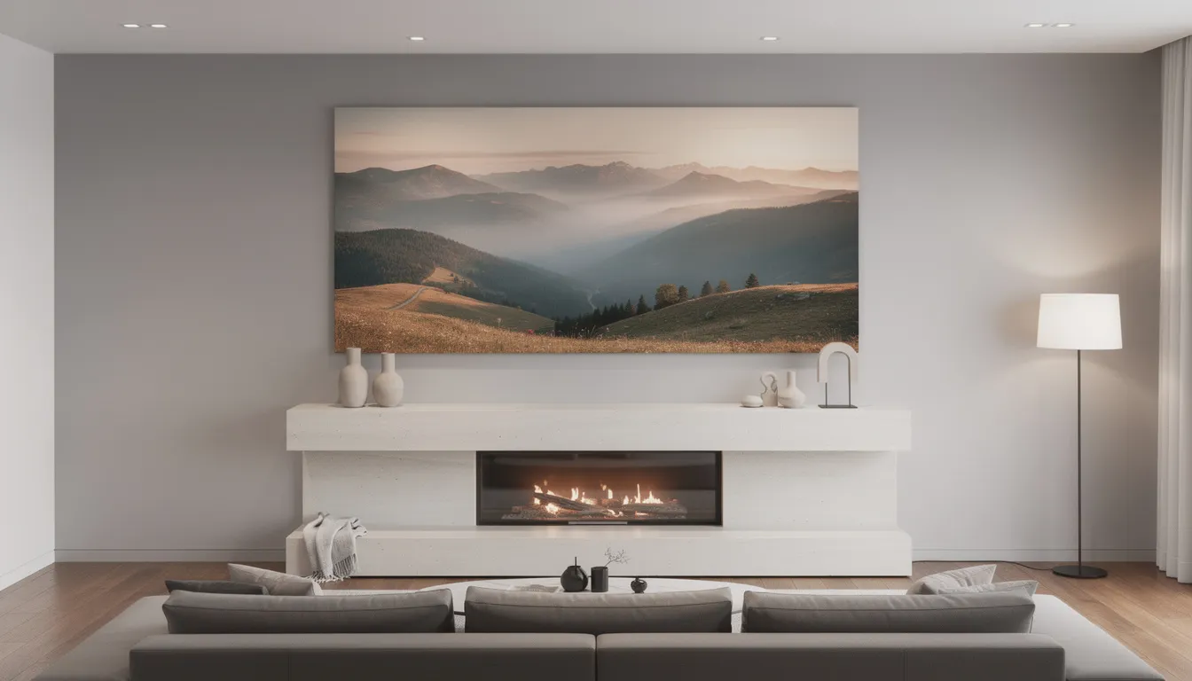 The image features an oversized canvas wall art displaying a vibrant panoramic landscape, elegantly hung above a contemporary fireplace mantel, enhancing the room