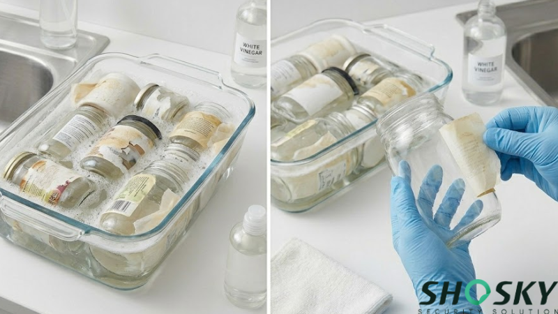 Batch cleaning glass jars by submerging them in a soapy soak