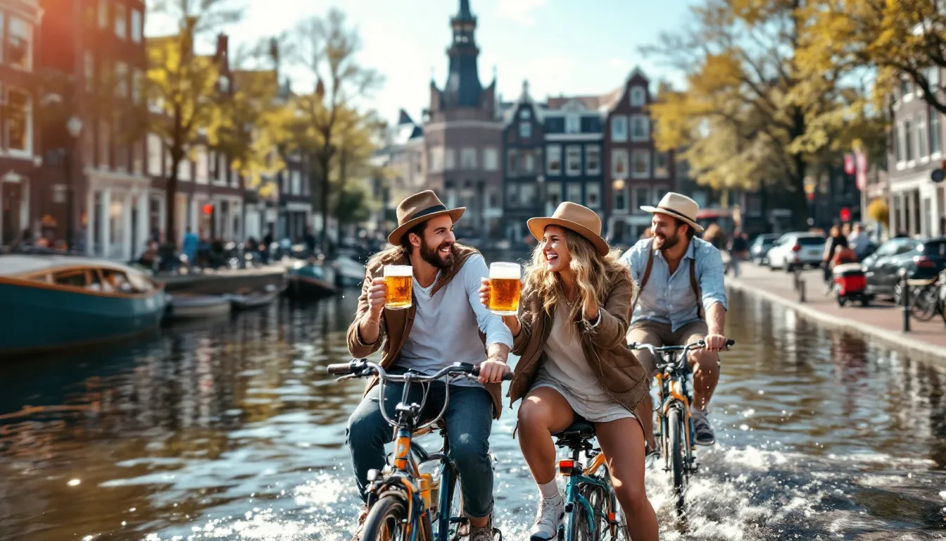 A lively group of friends is celebrating on a beer bike in Amsterdam, with iconic canal houses in the background. This fun scene captures the essence of an Amsterdam stag do, showcasing the city's vibrant atmosphere and unique beer bike tours.