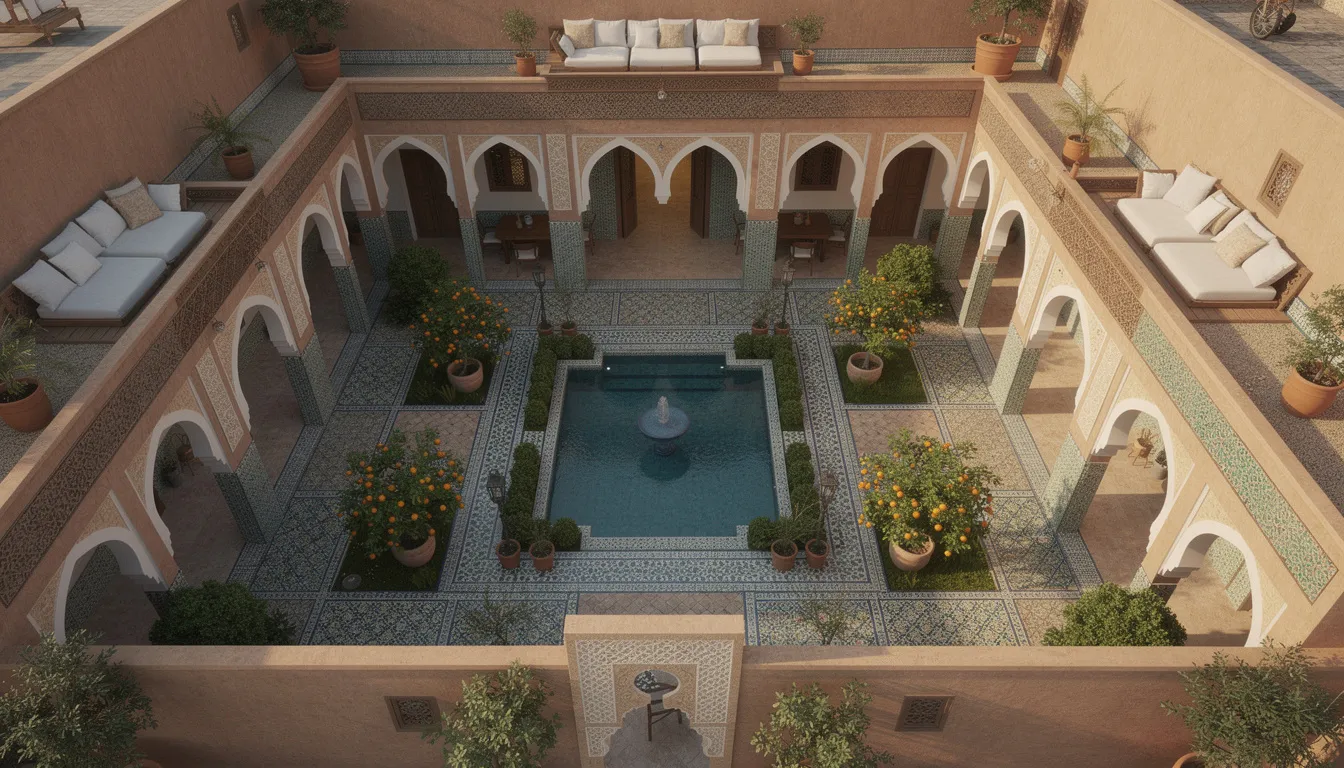 An aerial view of a traditional Moroccan riad showcases its symmetrical layout centered around a lush interior courtyard, surrounded by multiple levels of rooms adorned with intricate tilework and vibrant colors. This architectural design reflects the essence of Moroccan culture, featuring elements like carved wood and water features that enhance the riad's unique charm.