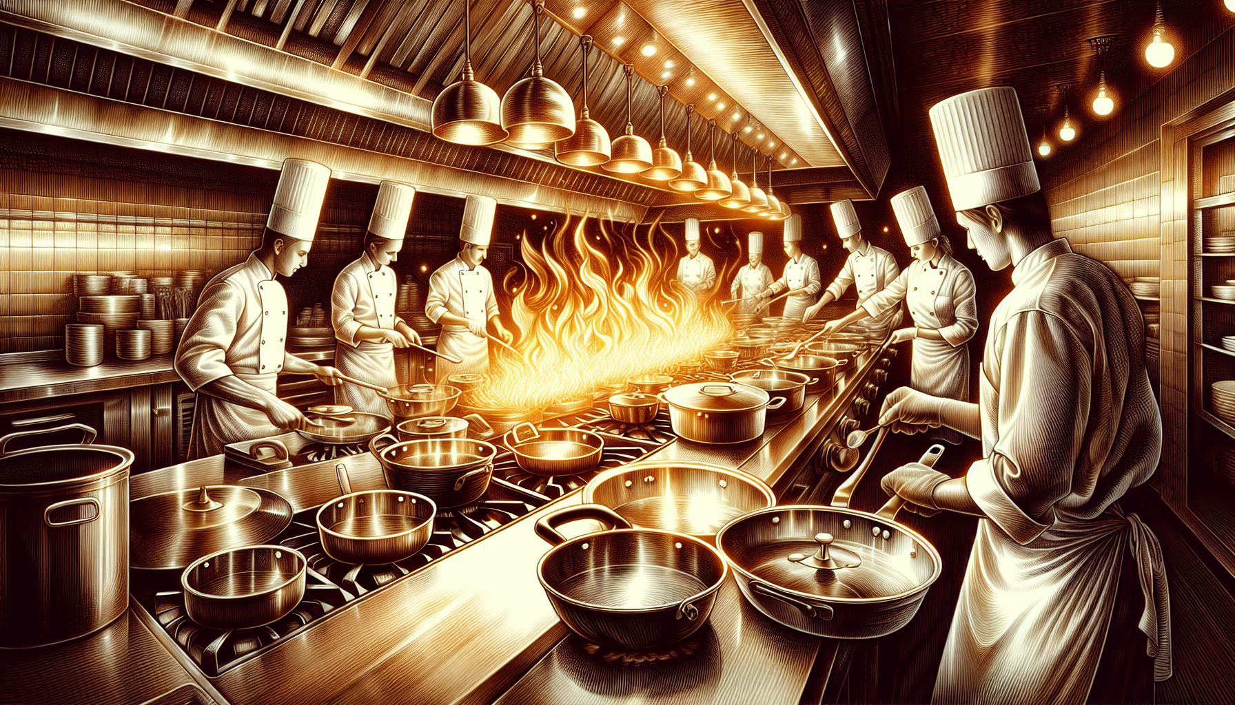 Stainless steel cookware in a professional kitchen