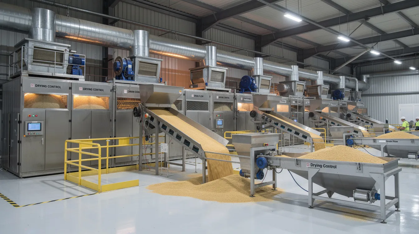 4c2ef509 477e 45c2 87a8 8aa263ced84c The image depicts an industrial hot air drying system equipped with blower ducts and grain handling machinery within a food processing factory, illustrating the advanced technology used in a dal mill plant for processing pulses like chana dal and moong dal. This setup highlights the efficient plant layout designed for optimal production capacity and moisture control in the processing of raw materials.