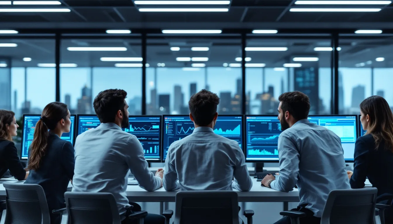 A professional team is engaged in reviewing database performance metrics displayed across multiple monitors, showcasing their focus on data management and testing processes. The environment reflects a collaborative effort in utilizing technology to enhance efficiency and scalability in software development.