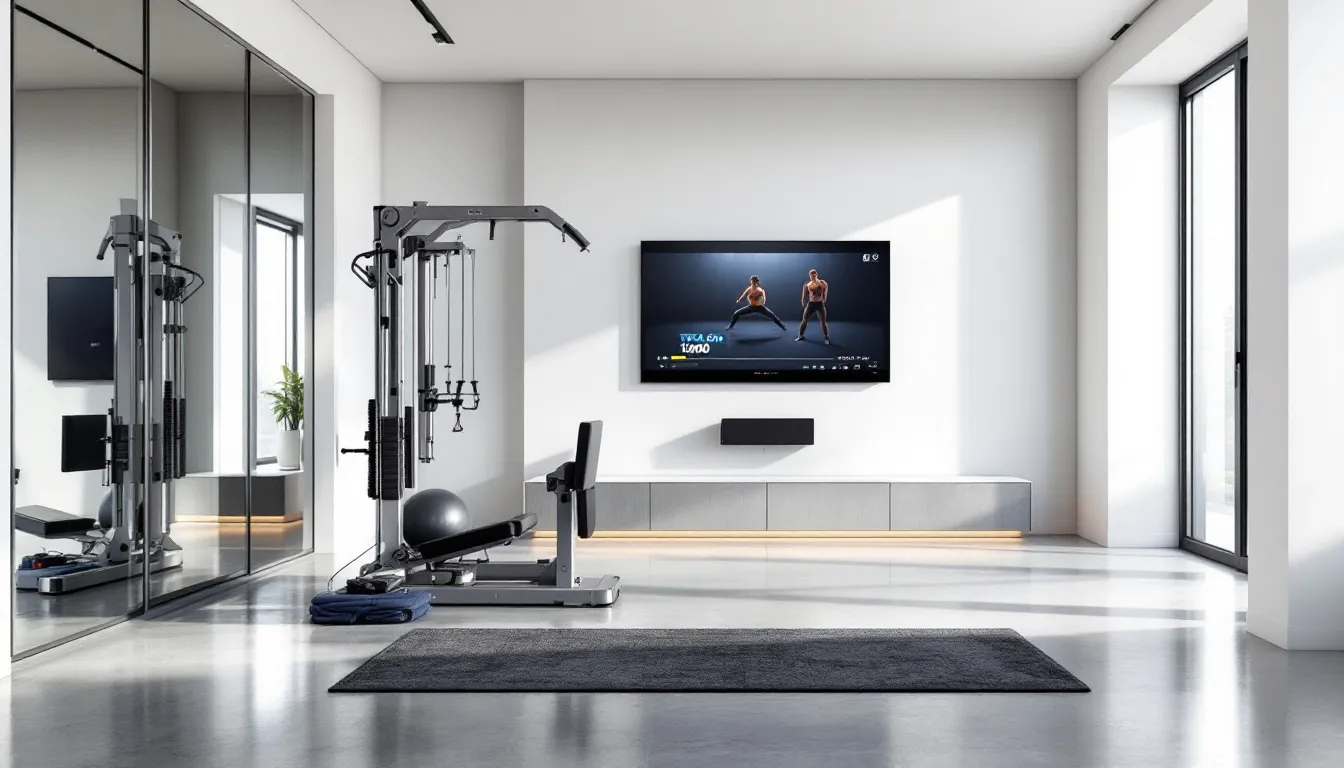 A home gym setup featuring various total gym equipment.