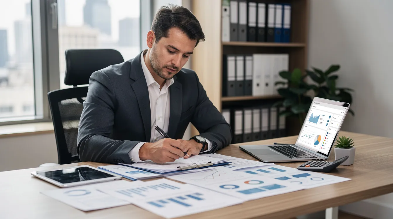 4c31f6cf 118d 47c6 9712 62a99213fd09 An entrepreneur sits at a desk, intently reviewing business plans and financial documents, surrounded by notes and beauty products that represent ideas for a successful beauty business. This scene captures the essence of planning and strategizing in the competitive beauty market, highlighting the growing demand for innovative beauty services and products.