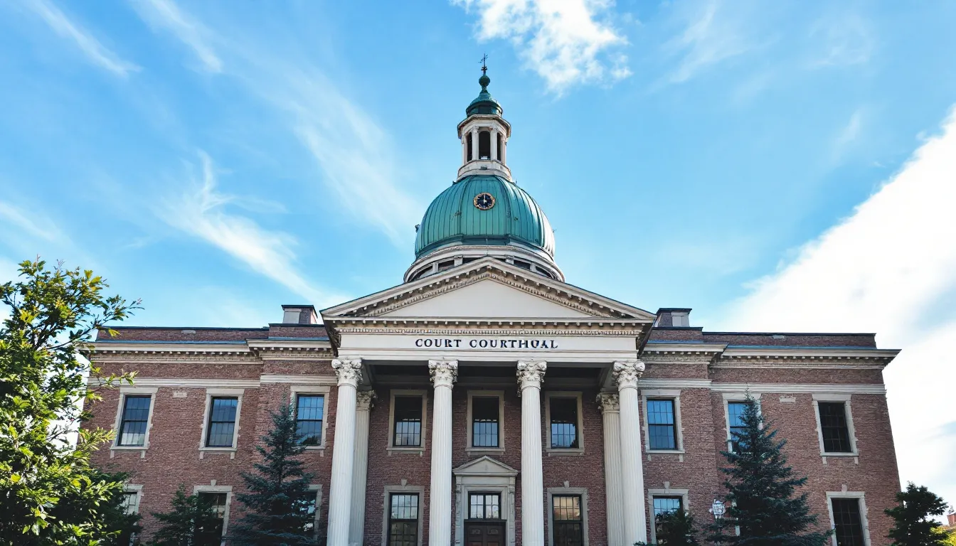 The image depicts a large, imposing courthouse building, which serves as a district court and appellate court in a city. The structure features grand architecture, symbolizing justice, and is often the site where judges preside over trials and criminal appeals.