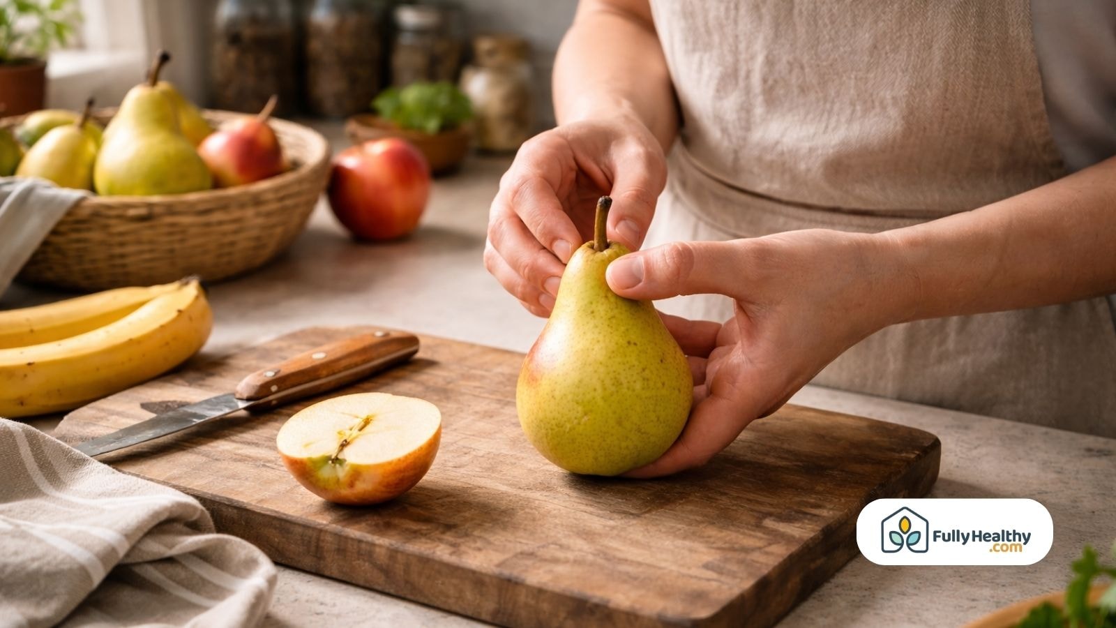Person testing pear firmness near stem before slicing fruit