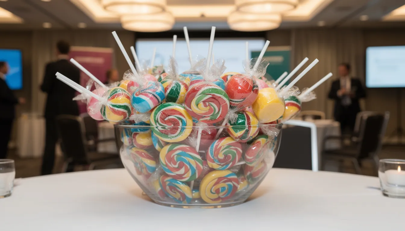 A vibrant display bowl filled with individually wrapped custom lollipops in various colours and shapes, perfect for corporate events and promotional campaigns. These sweet treats, featuring company logos and unique designs, are sure to leave a lasting impression on guests.
