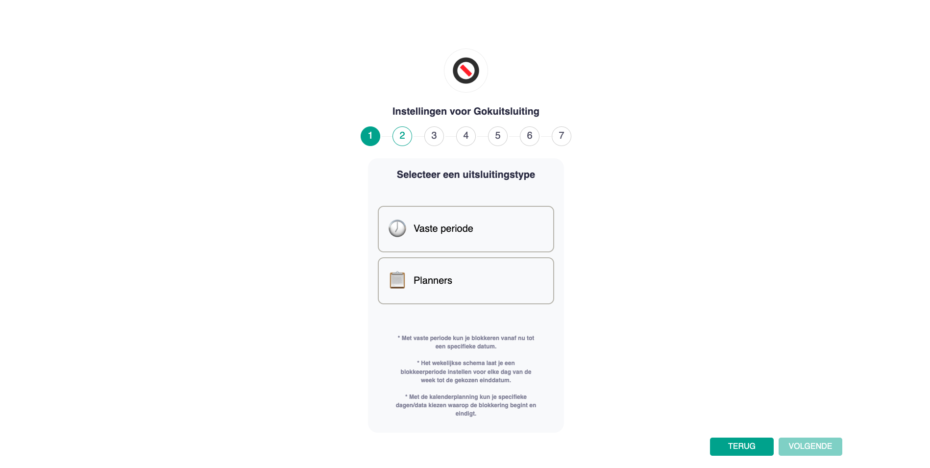 BetBlocker instellingen voor gokuitsluiting met keuze tussen een vaste periode en geplande blokkering.