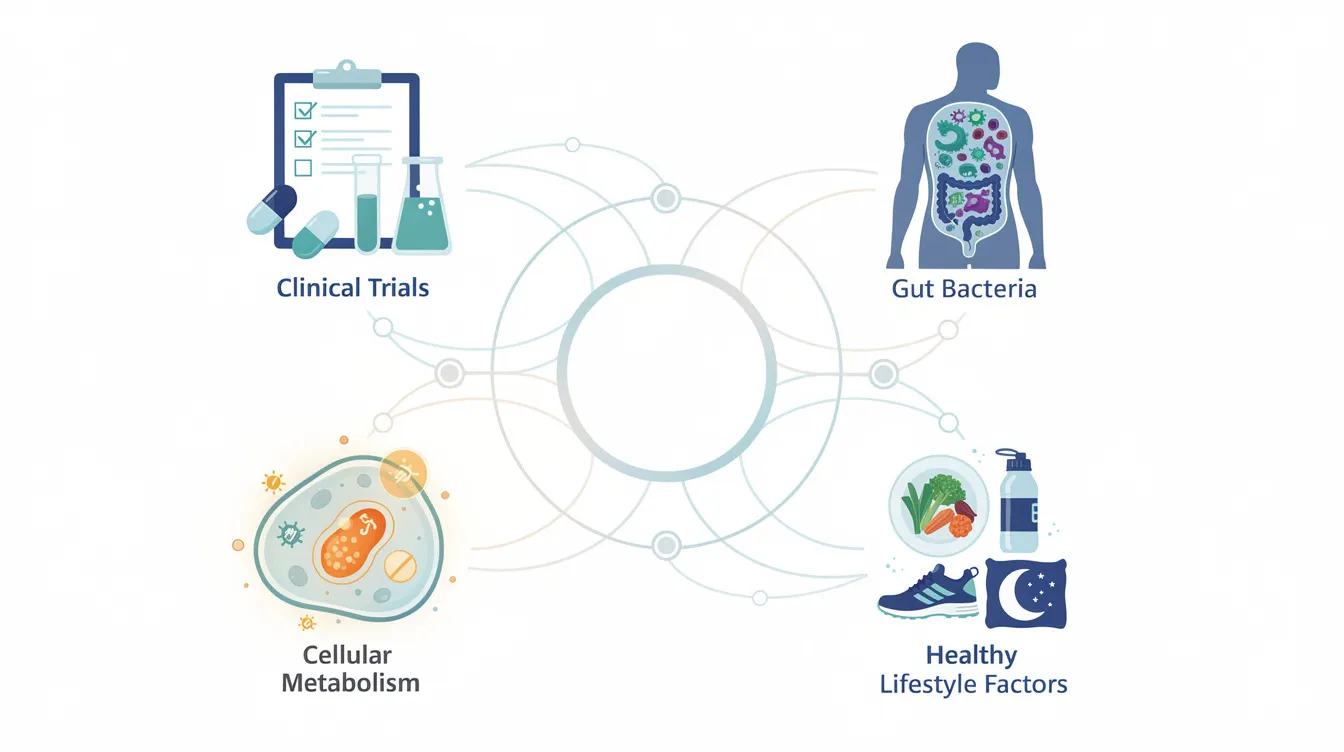 The image features a conceptual illustration with interconnected icons symbolizing clinical trials, gut bacteria, cellular metabolism, and healthy lifestyle factors, emphasizing the importance of gut health and the role of gut microbiota in overall wellness. This visual representation highlights the relationship between beneficial bacteria, metabolic processes, and the human body’s health strategies.