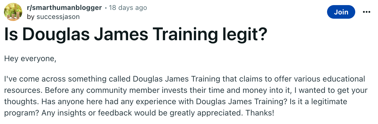 screenshot from Reddit of a user asking about douglas james training