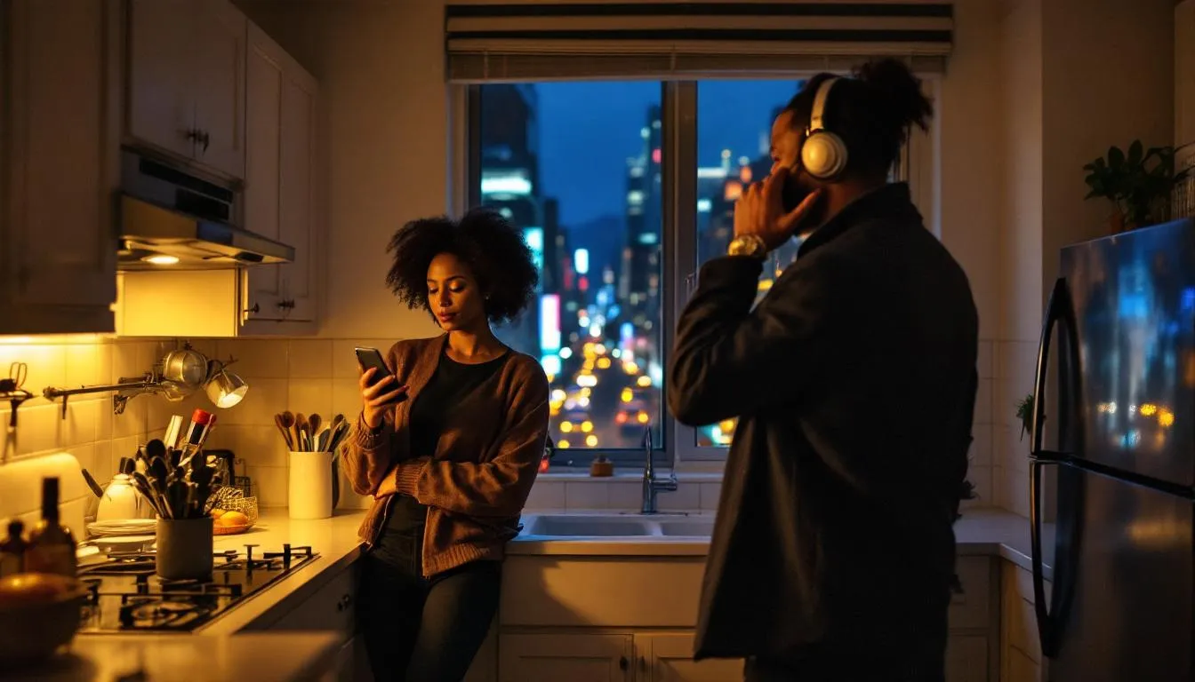In a Manhattan kitchen at dusk, one partner stands by the stove, glancing at their phone with a sense of longing, while the other, pulling on a coat, prepares to leave, highlighting the emotional distance in their relationship. The vibrant neon city lights and bustling taxis visible through the window emphasize the contrast between their intimate connection and the retreating dynamic of their interaction.